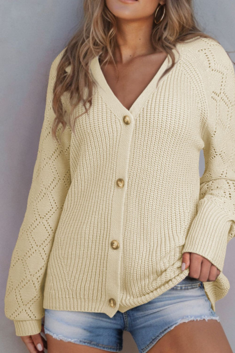 Plus Size Openwork V-Neck Long Sleeve Buttoned Cardigan