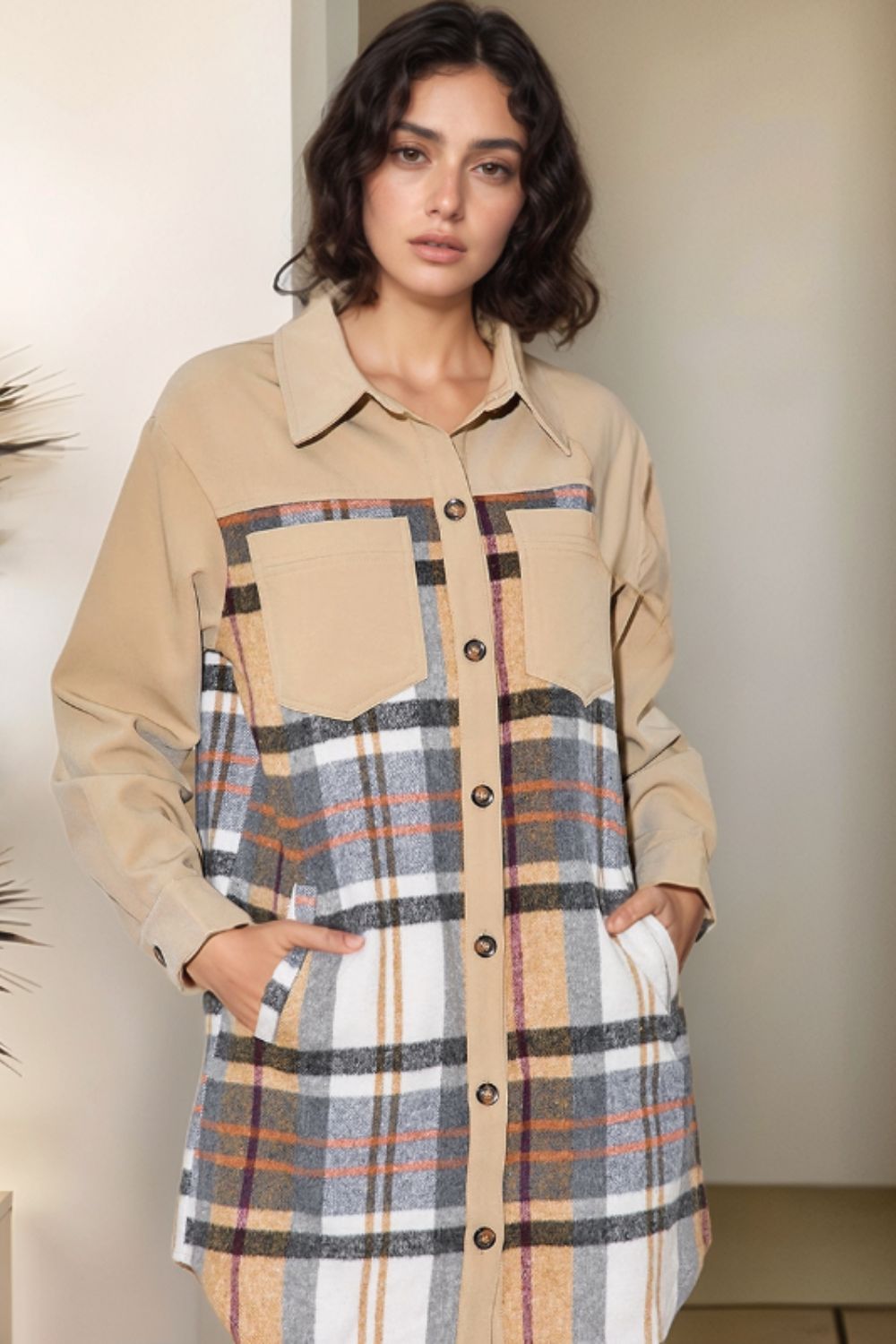Pocketed Plaid Long Sleeve Mini Shirt Dress - Charming Charlie