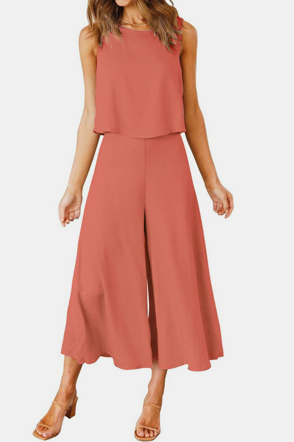 Round Neck Top and Wide Leg Pants Set - Charming Charlie