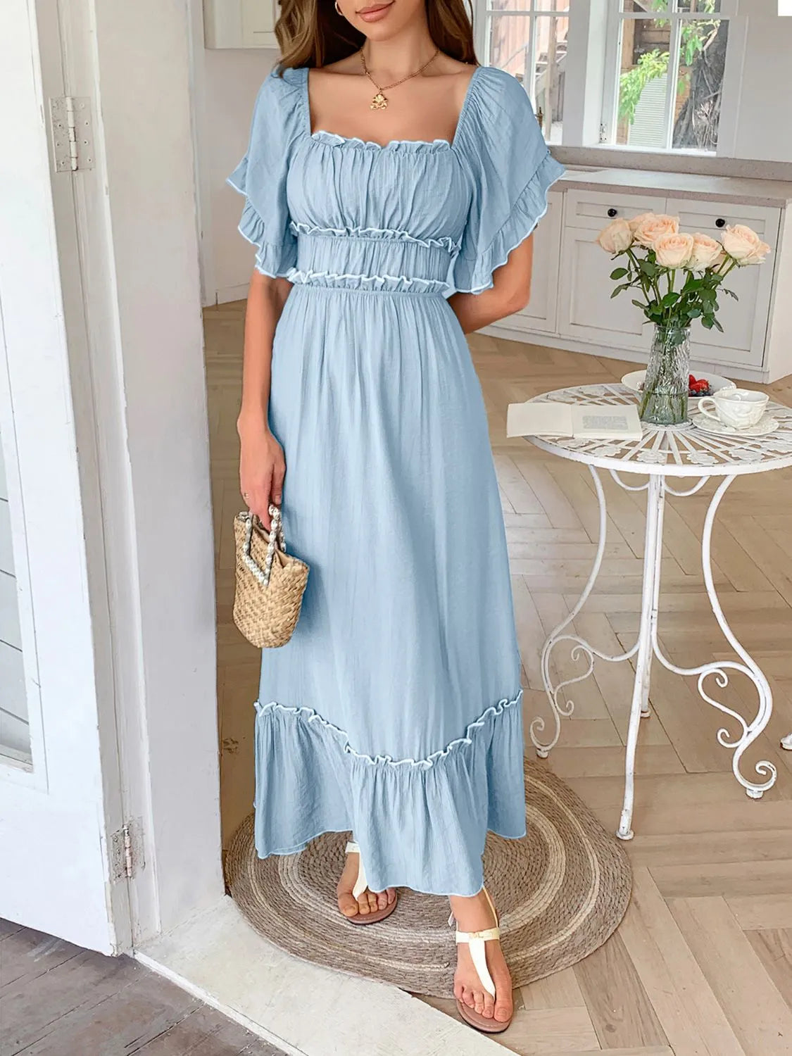 Square Neck Puff Sleeve Ruffle Trim Maxi Dress Blue / XL
