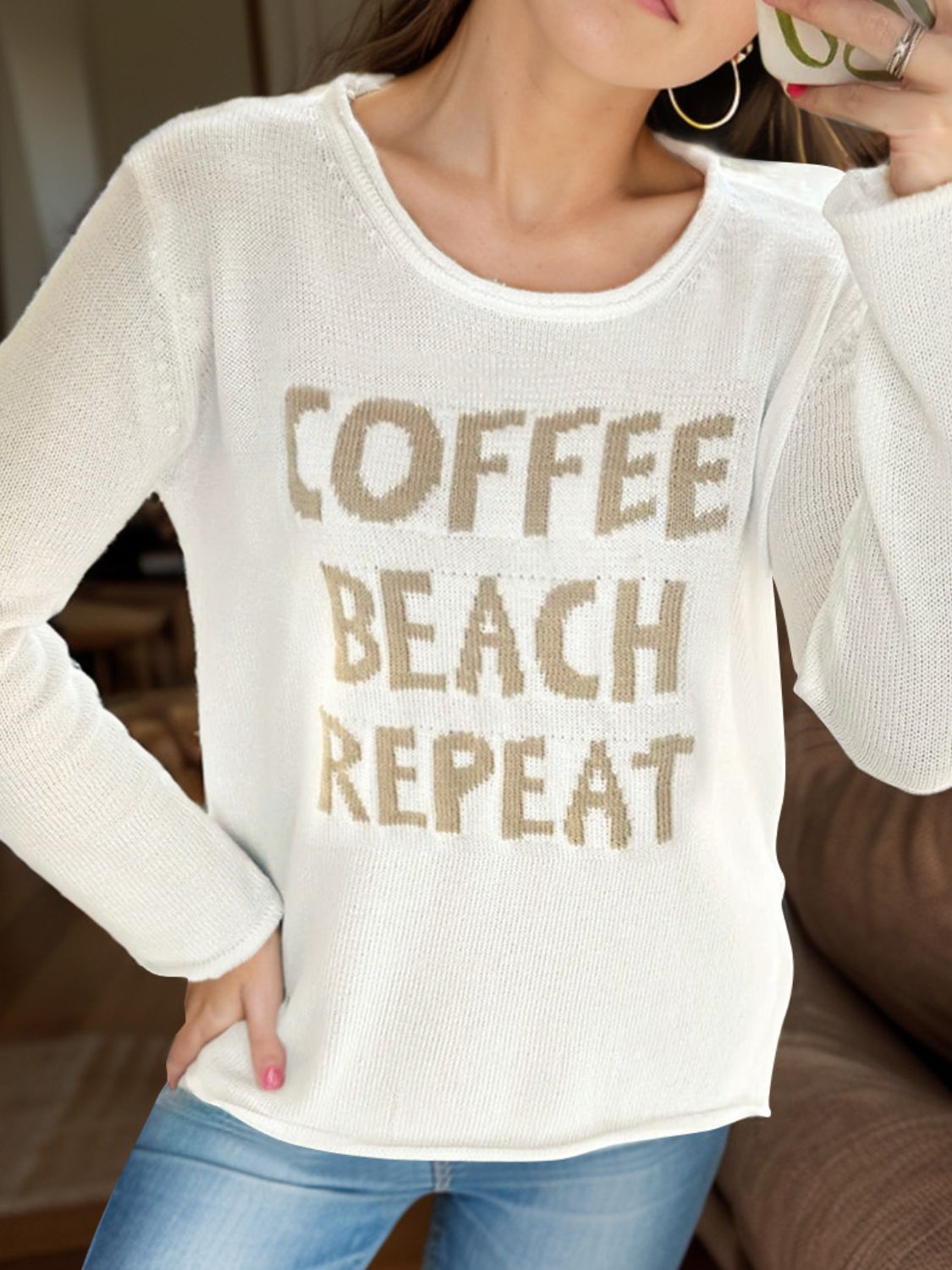 Letter Graphic Round Neck Long Sleeve Sweater - Charming Charlie