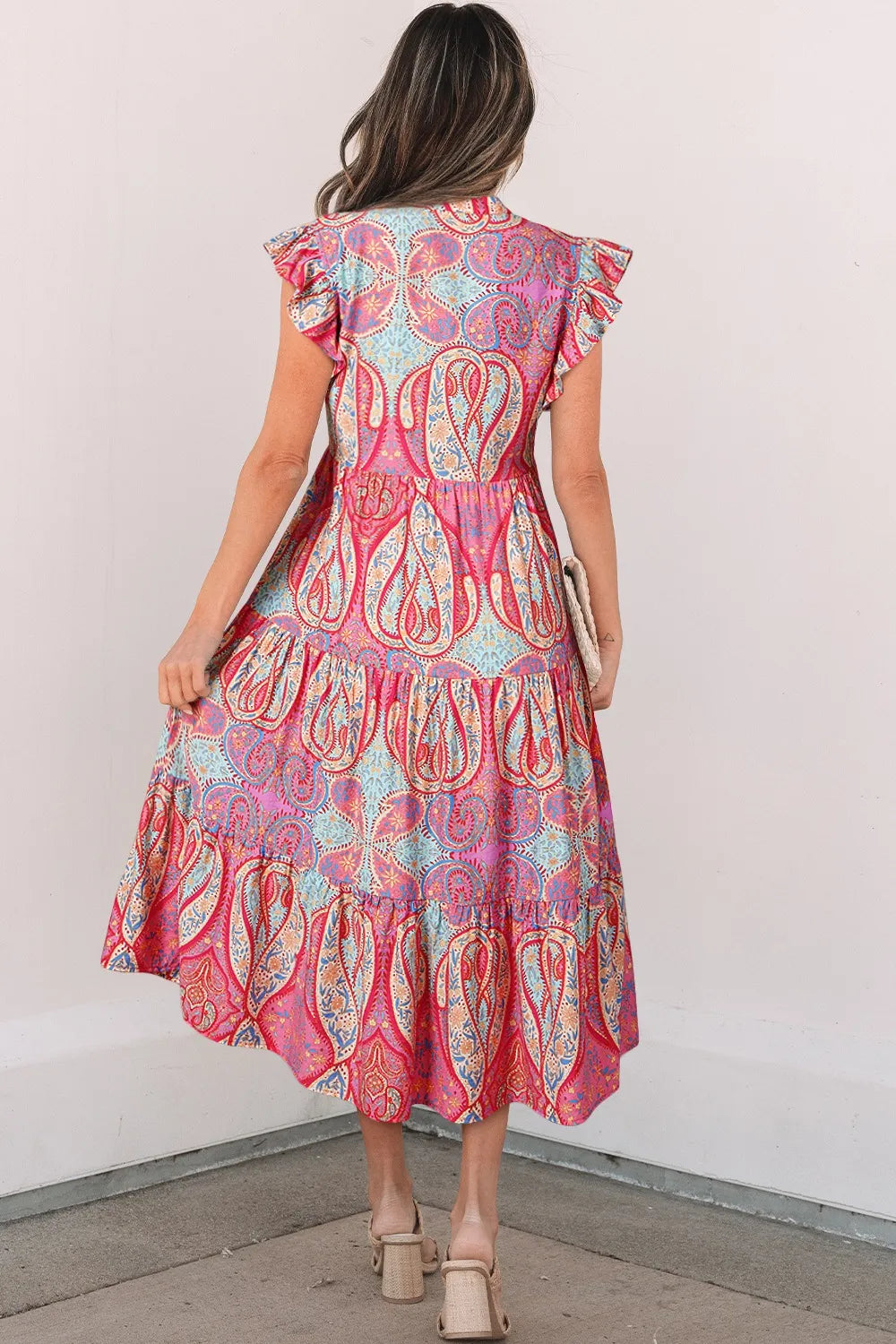 tribal print midi dress Tribal Paisley Print Ruffled Sleeve Notch Neck Midi Dress Dusty Pink / M