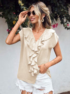 Ruffled V-Neck Short Sleeve Blouse - Charming Charlie