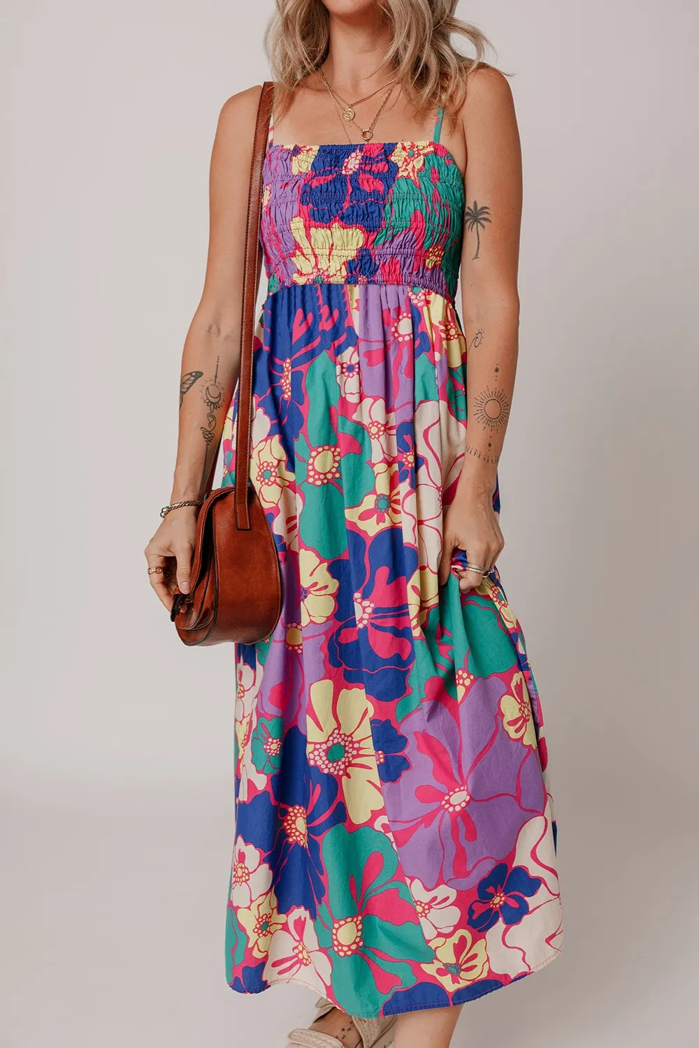 Floral Print Shirred Spaghetti Strap Loose Maxi Dress Purple / M