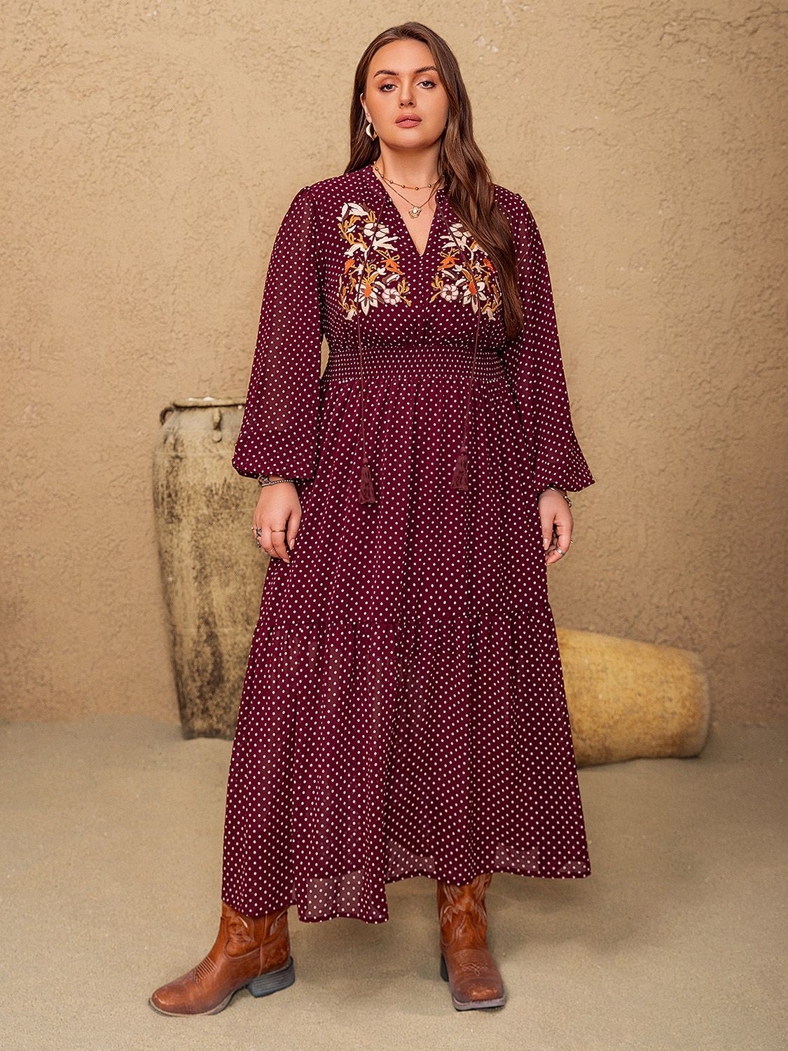 Plus Size Embroidered Polka Dot Tie Neck Long Sleeve Midi Dress - Charming Charlie