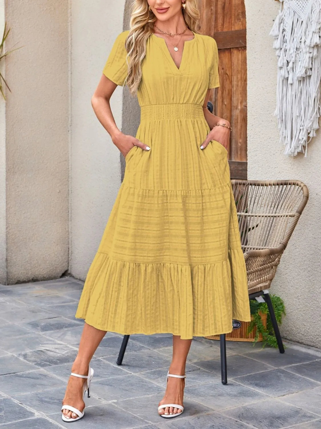 Tiered Notched Short Sleeve Dress Chartreuse / S