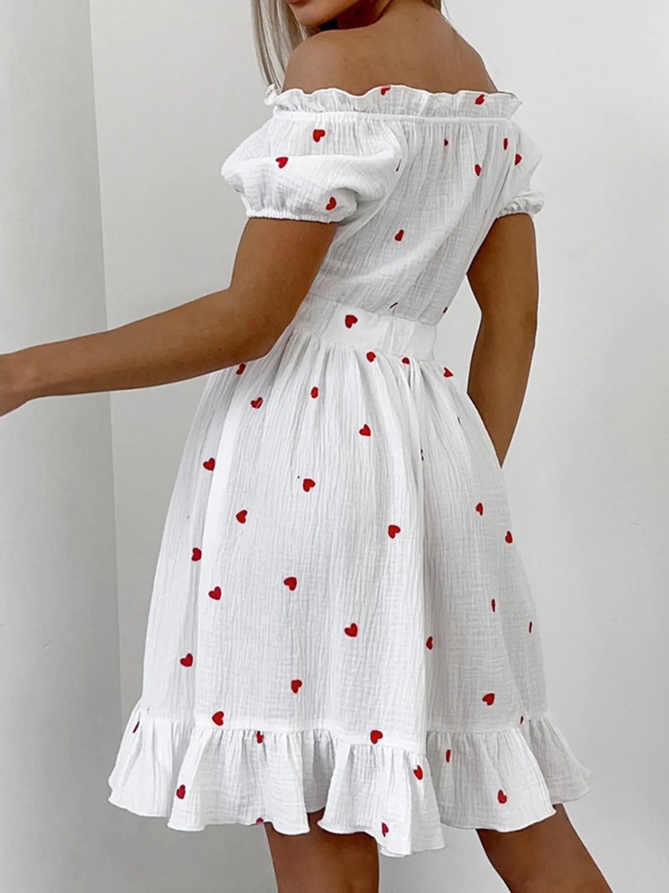 off shoulder heart dress Heart Printed Off-Shoulder Ruffle Mini Dress, Printing