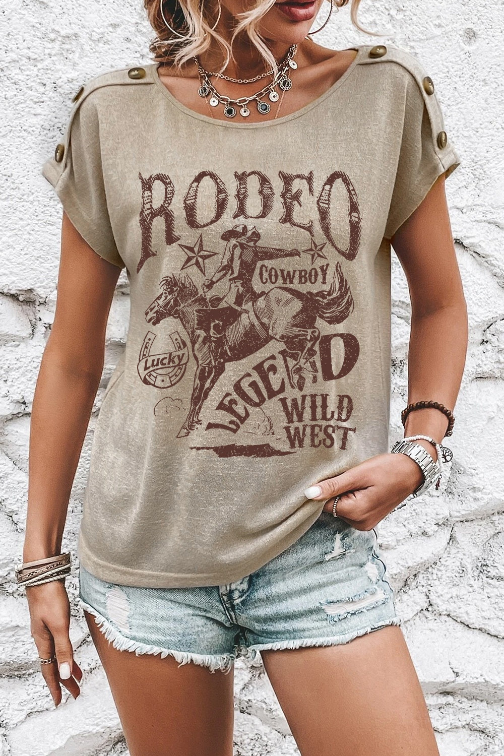 Decorative Button Graphic Round Neck Short Sleeve T-Shirt - Charming Charlie
