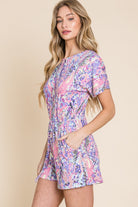 BOMBOM Print Short Sleeve Romper with Pockets - Charming Charlie