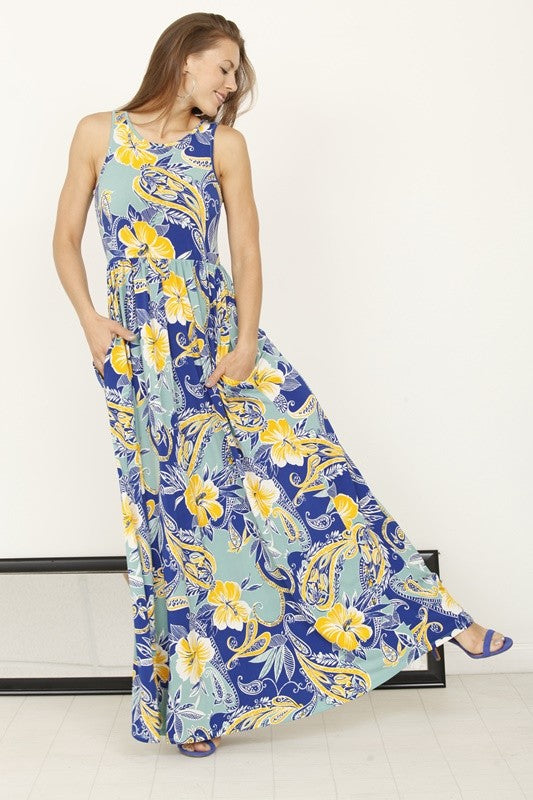 Floral Maxi Dress with Hidden Pocket Blue / XL