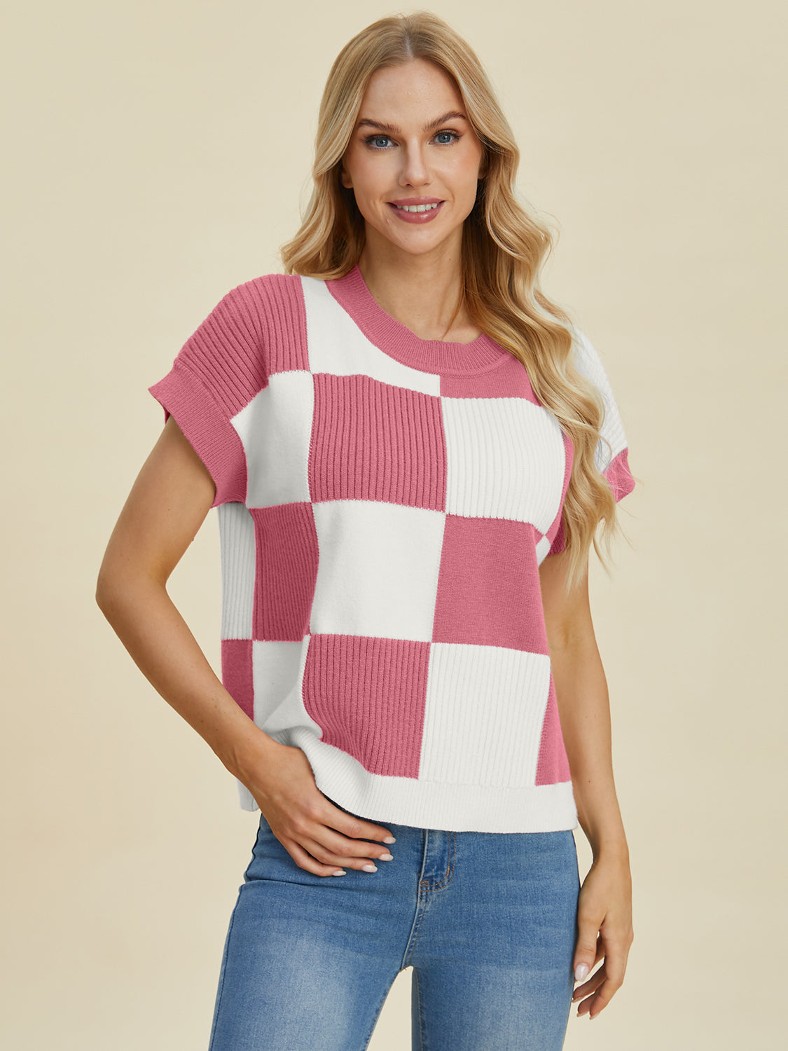 Double Take Full Size Checkered Round Neck Short Sleeve Sweater - Charming Charlie