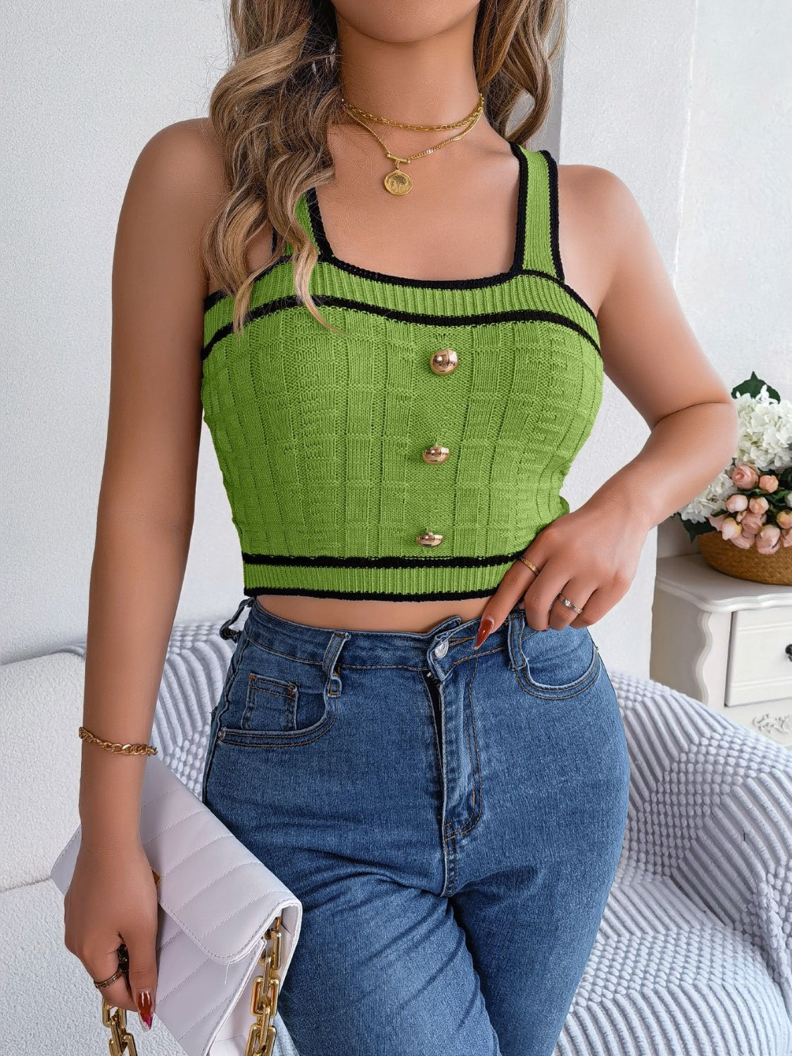 Decorative Button Wide Strap Knit Cami - Charming Charlie