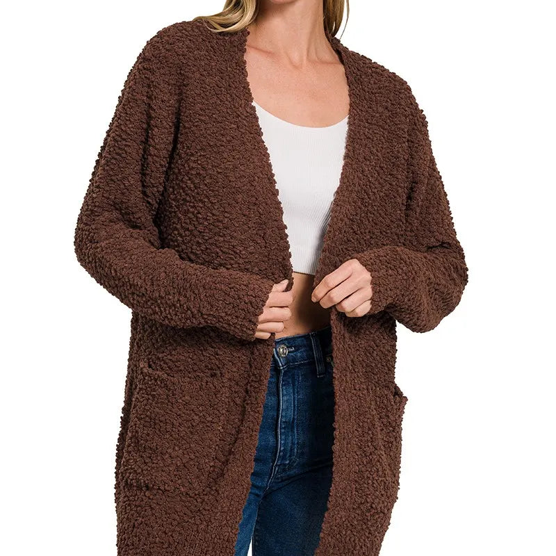 Zenana Long Sleeve Popcorn Sweater Cardigan with Pockets
