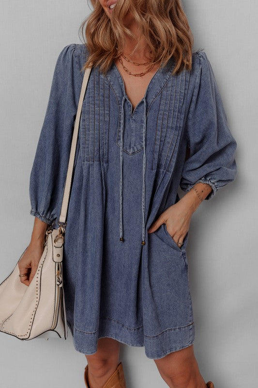 fitted lace wedding dress Long Sleeve Denim Dress – Tessa Blue Mini Button-Up main image 0