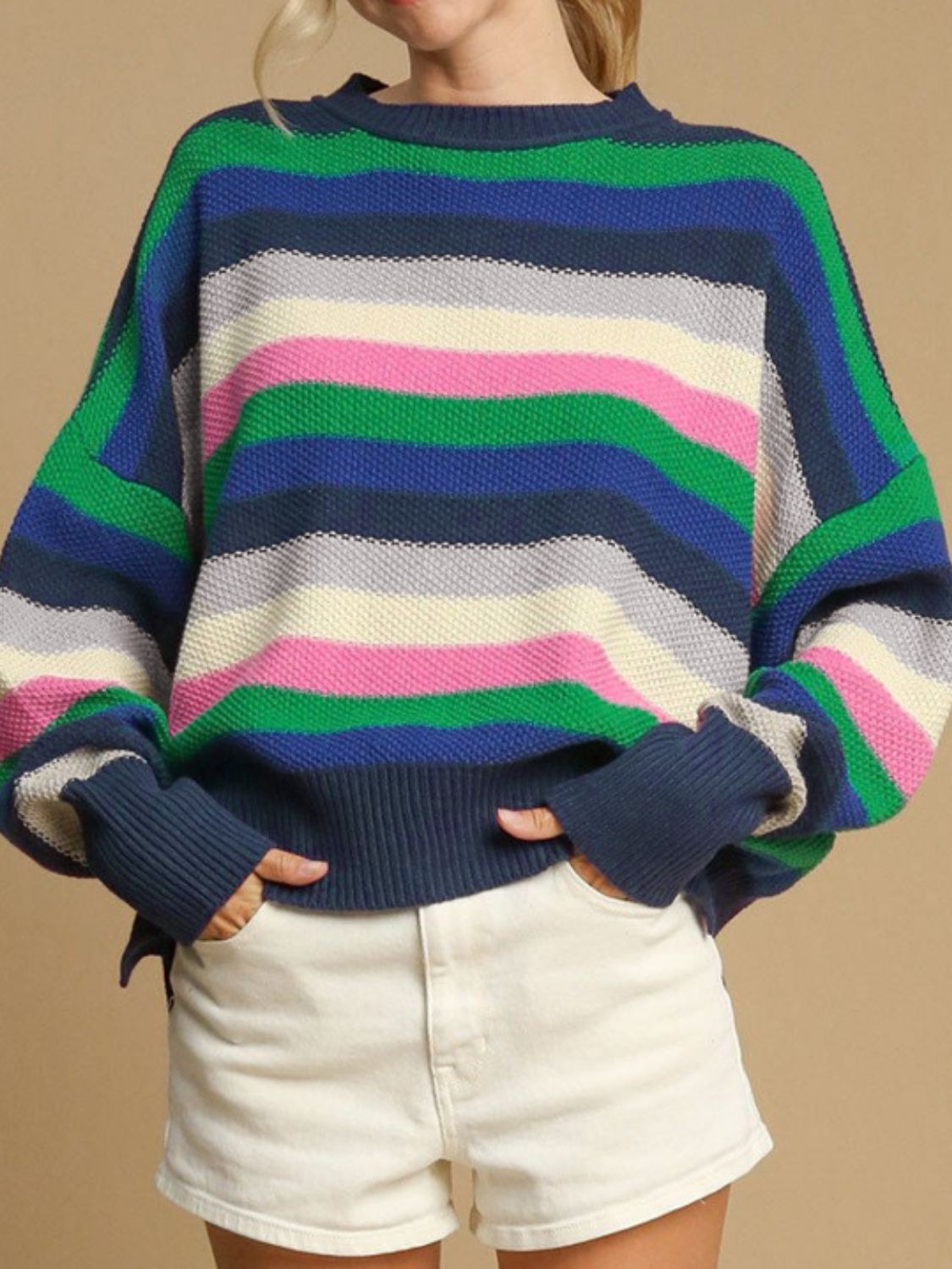 Contrast Striped Round Neck Long Sleeve Sweater - Charming Charlie