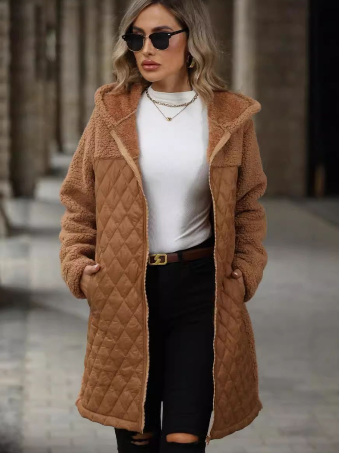 Texture Zip Up Long Sleeve Hooded Coat - Charming Charlie