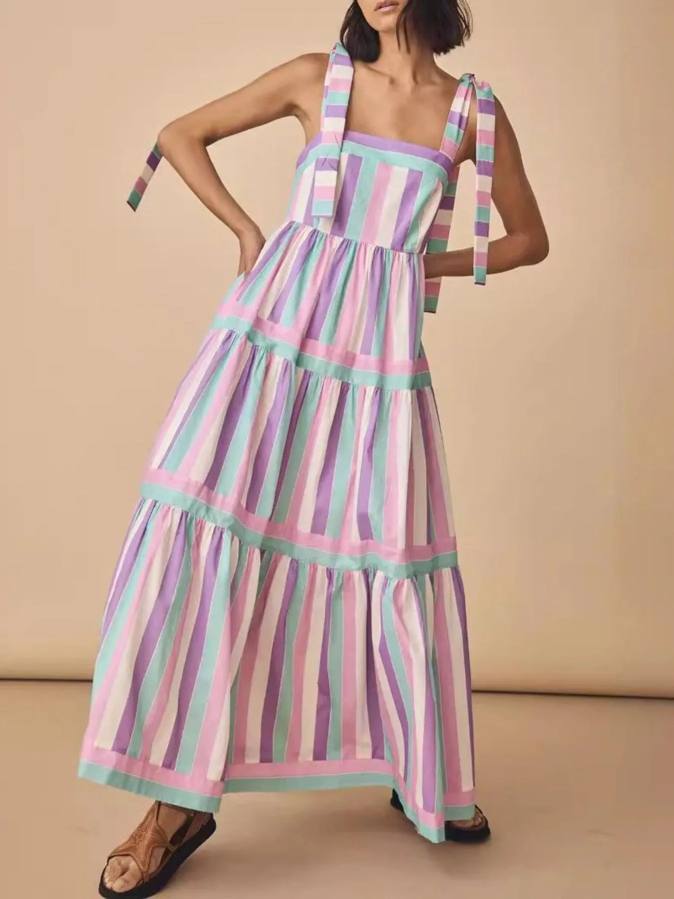 blue and pink striped maxi dress Striped Tiered Maxi Summer Dress with Bow Shoulder Ties Pink Purple / M