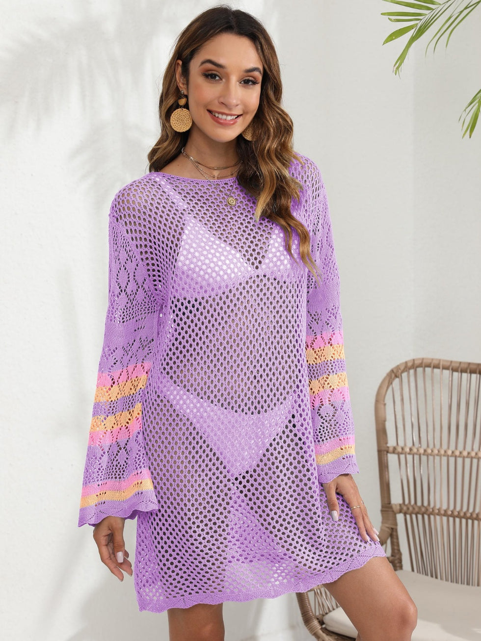 Openwork Contrast Long Sleeve Cover-Up  Charming Charlie