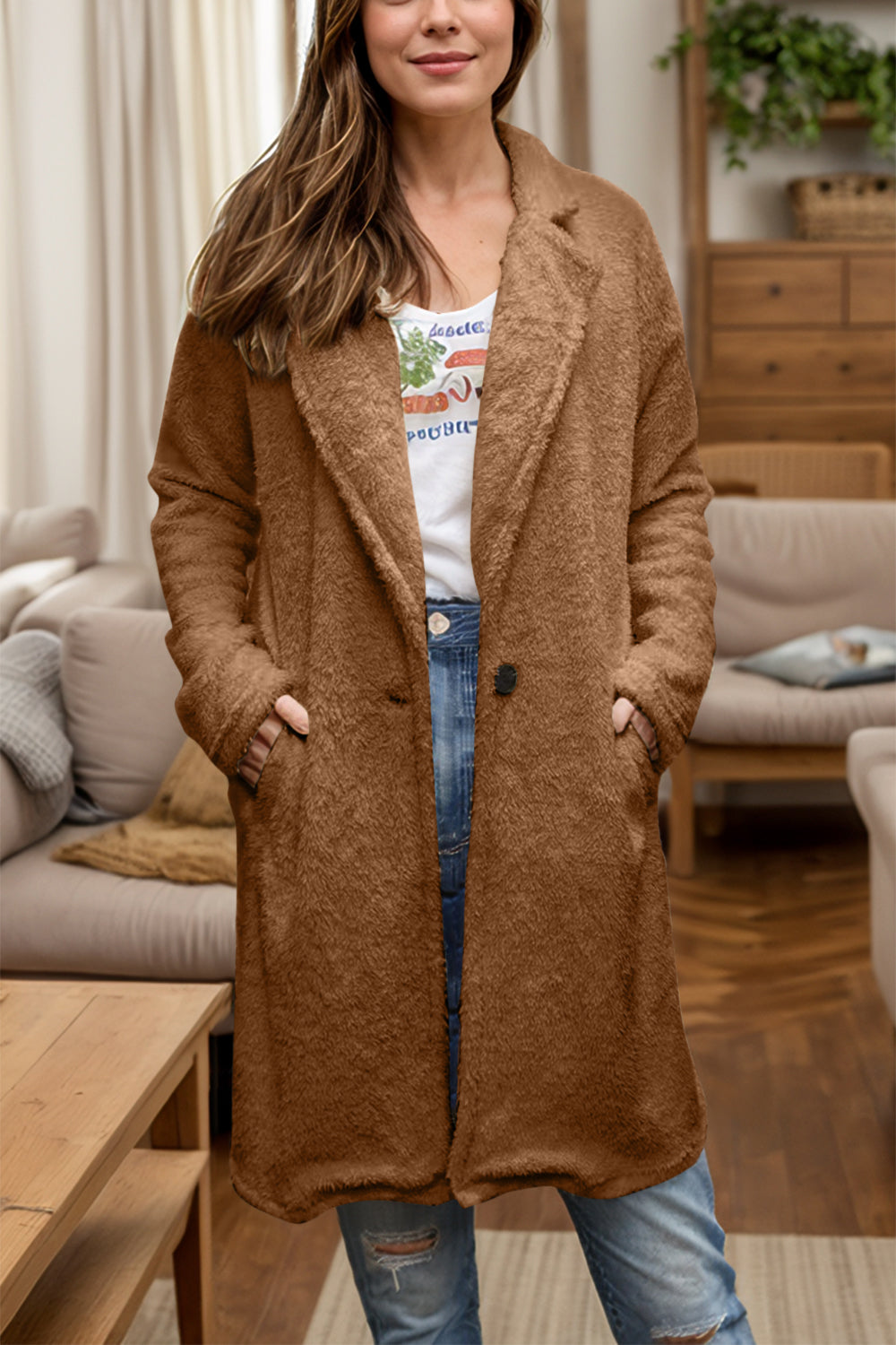 Full Size One Button Long Sleeve Longline Plush Coat - Charming Charlie