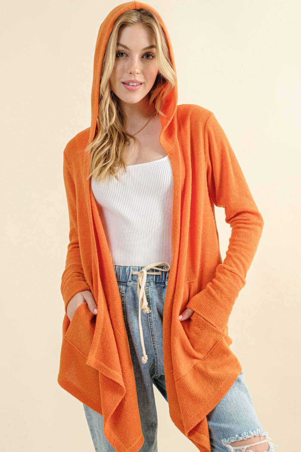 And The Why Full Size Thermal Hooded Open Front Cardigan with Pockets - Charming Charlie