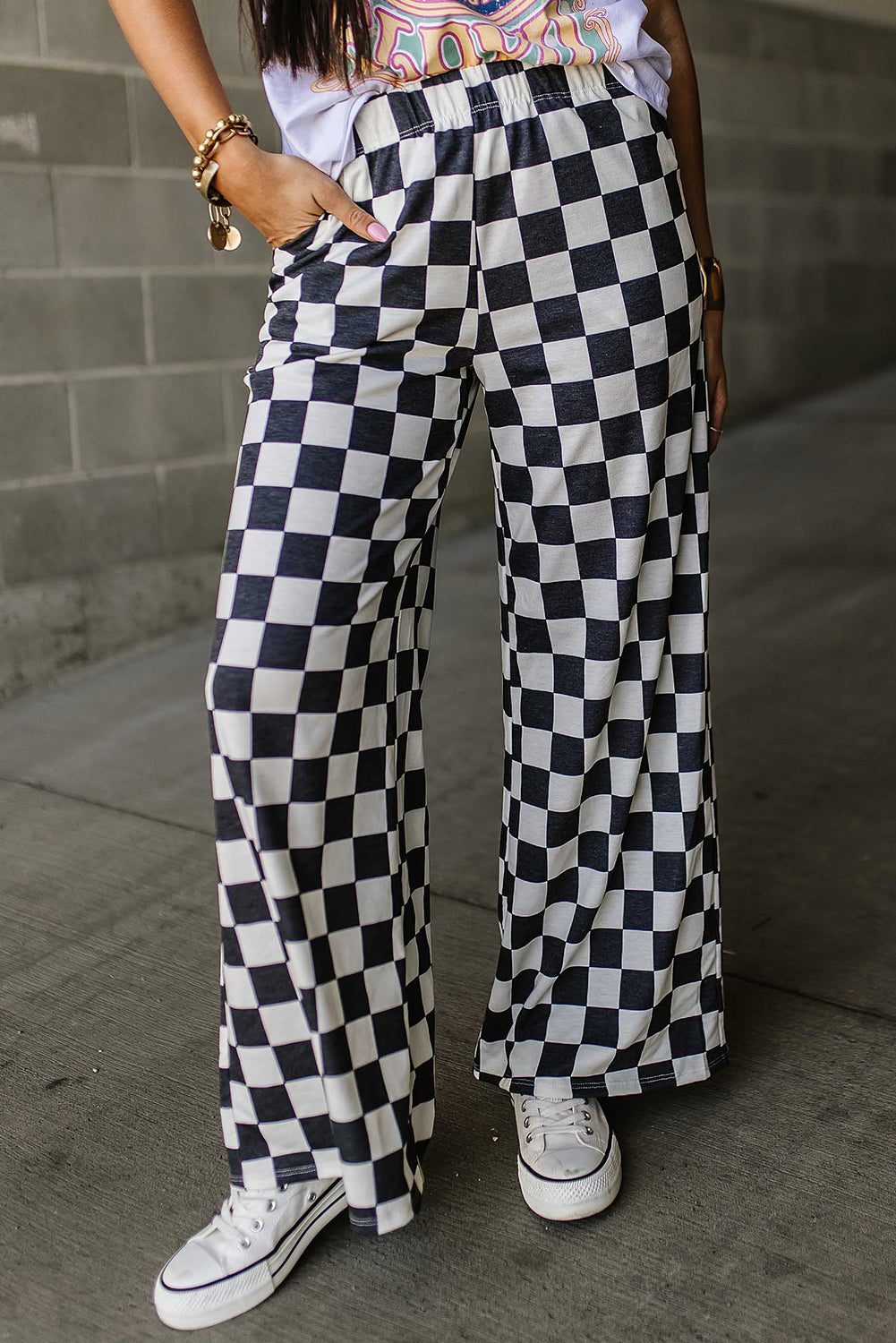 Trendsi Checkered Wide Leg Pants Turquoise M