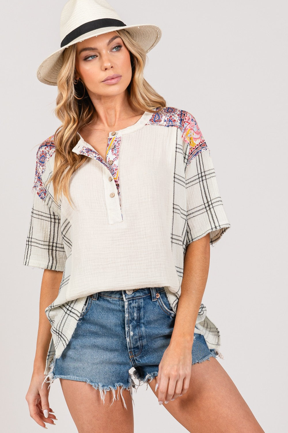 SAGE + FIG Plaid Half Button Gauze Top - Charming Charlie