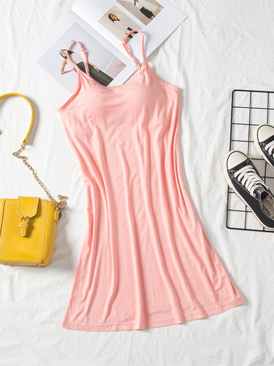 Round Neck Spaghetti Strap Cami Dress with Bra Blush Pink / M
