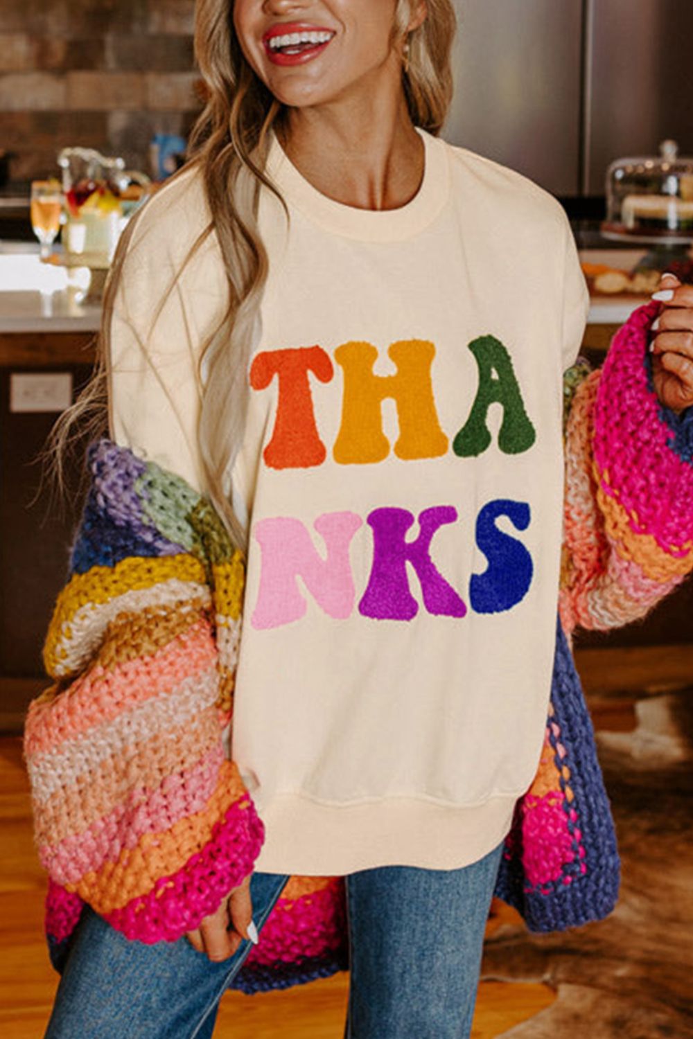 THANKS Round Neck Long Sleeve Sweatshirt - Charming Charlie