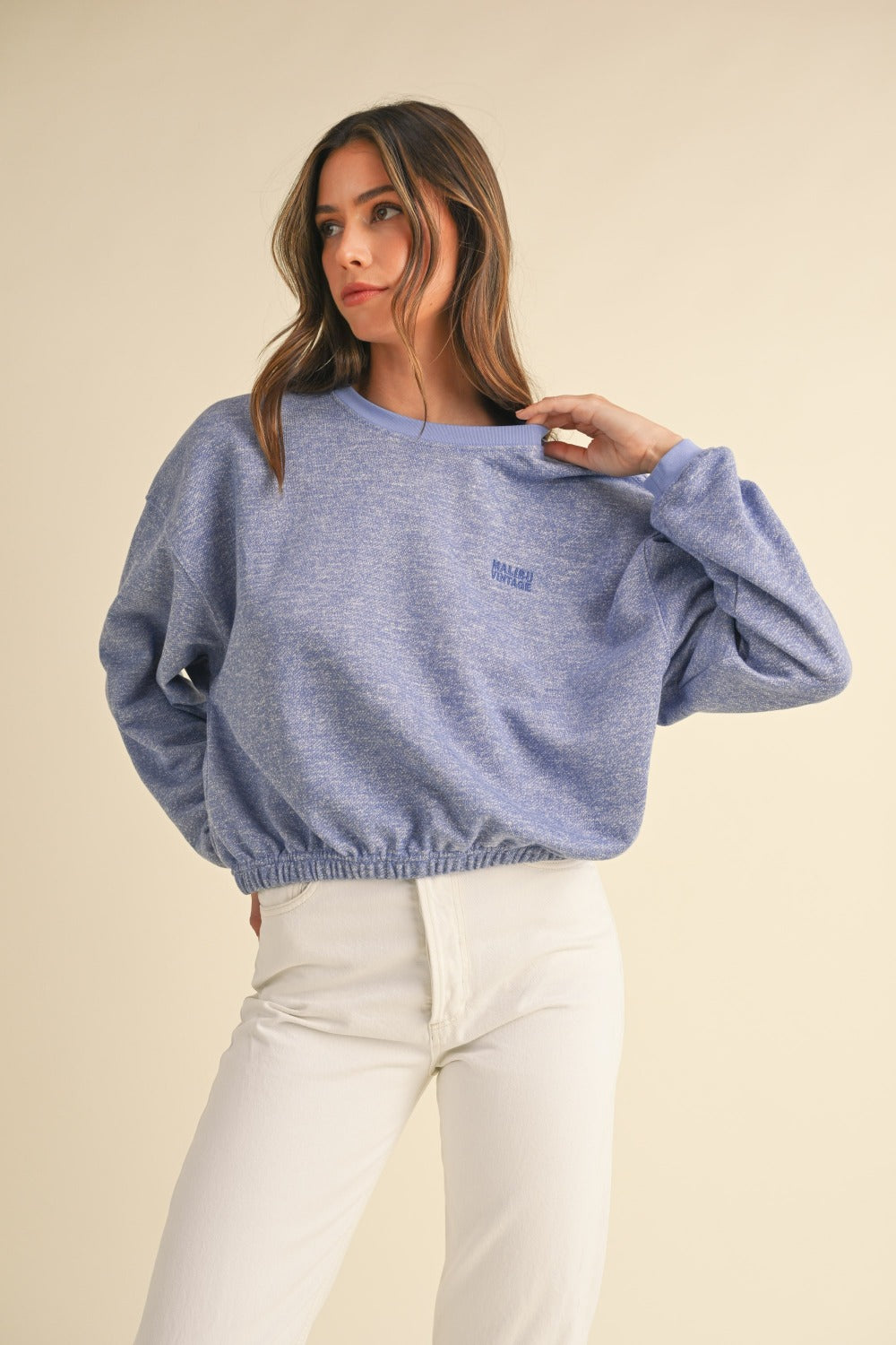 Mable Round Neck Letter Embroidery Crop Sweatshirt - Charming Charlie