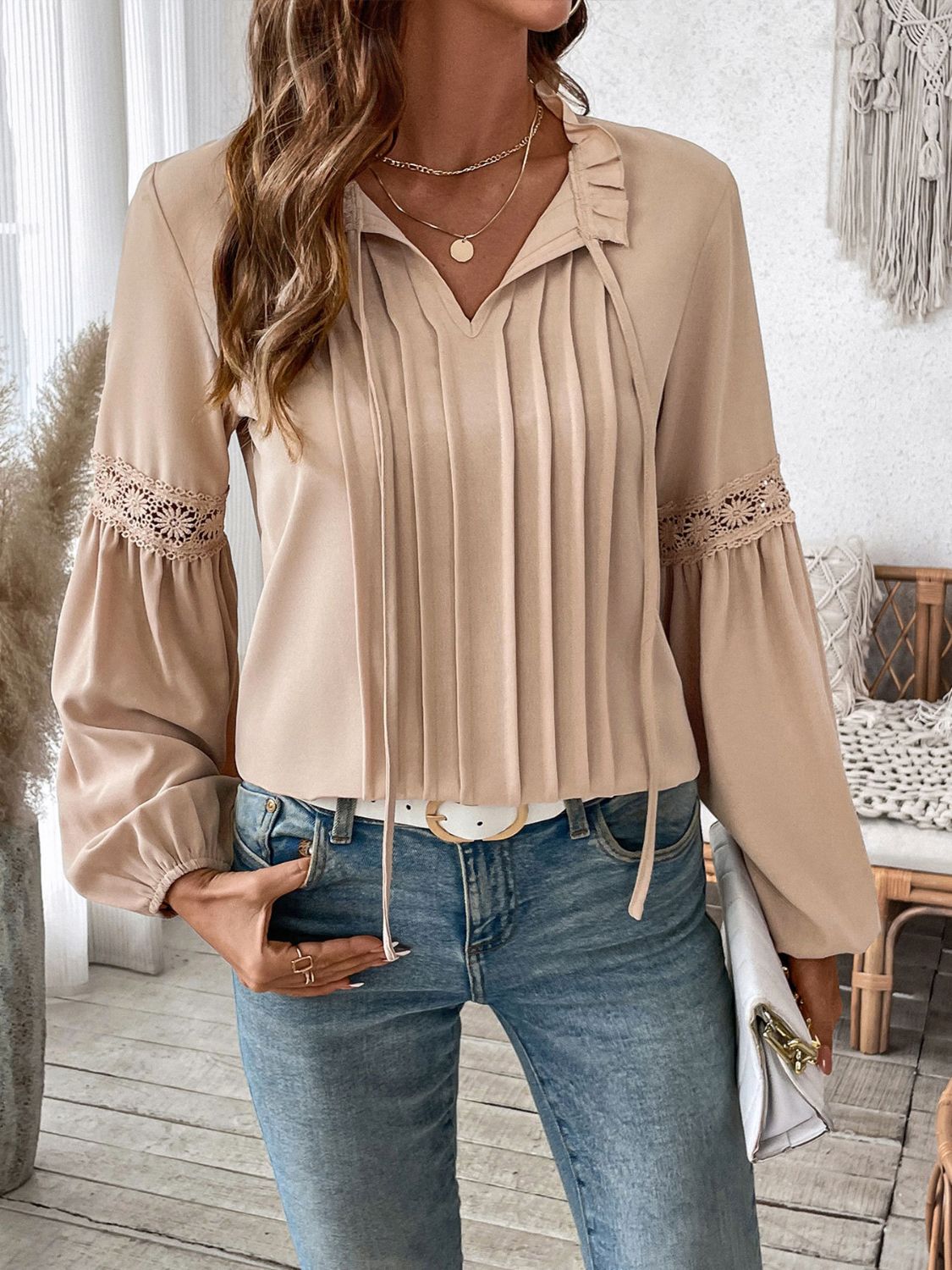 Perfee Frill Tie Neck Long Sleeve Blouse - Charming Charlie
