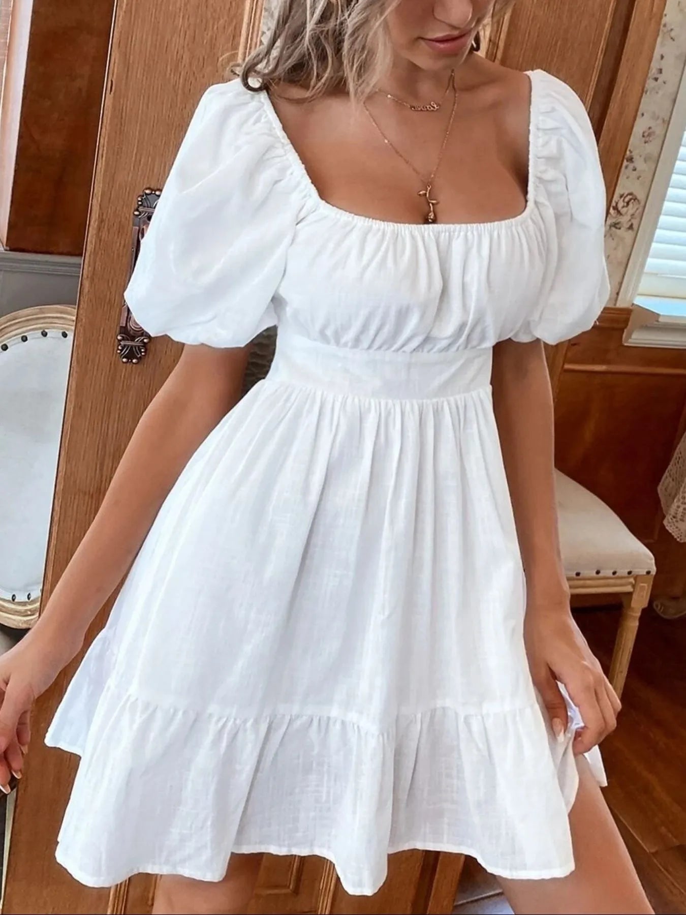 knee length dresses for ladies Blue Floral Printed Puff Sleeve Frill Hem Mini Dress – AX Paris main image 1