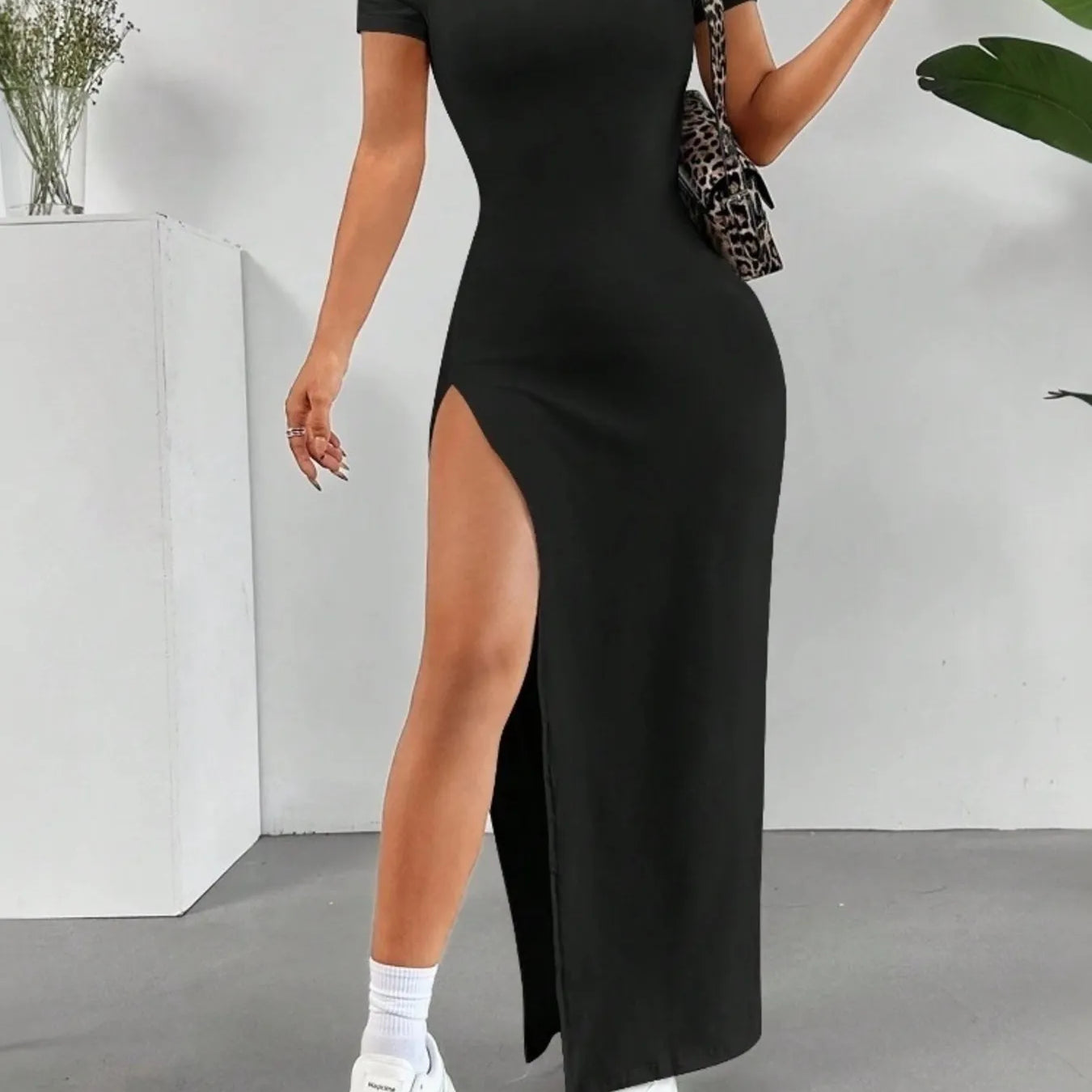 Off-Shoulder High Slit Bodycon Maxi Dress Black / L Off-Shoulder High Slit Bodycon Maxi Dress Black / L