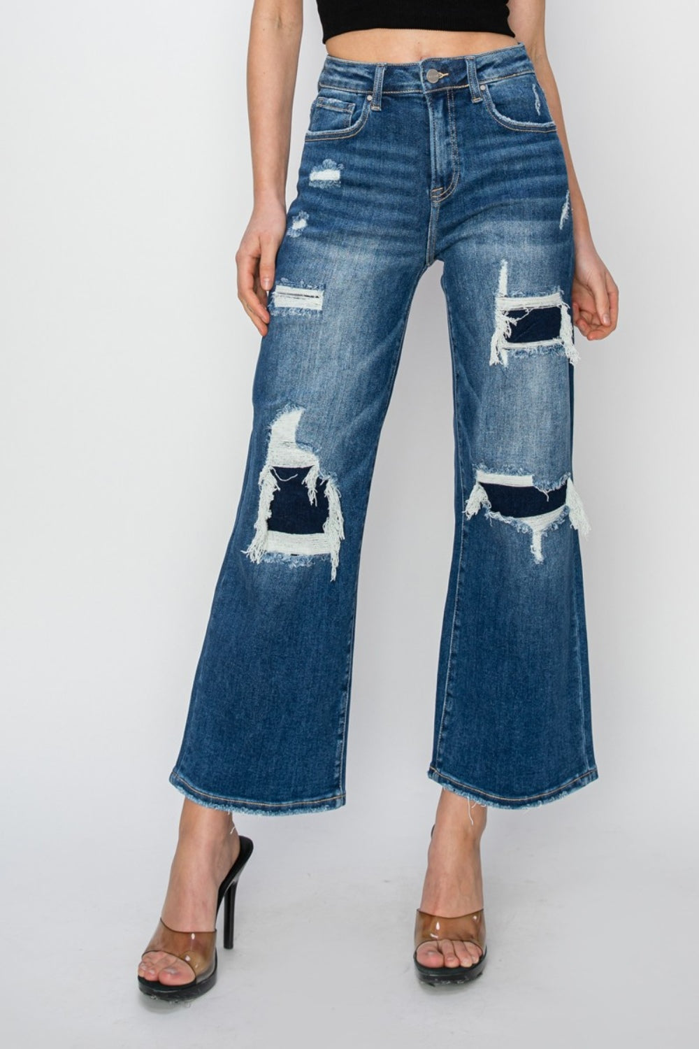 Risen Full Size High Rise Patch Detailed Wide Leg Crop Jeans - Charming Charlie
