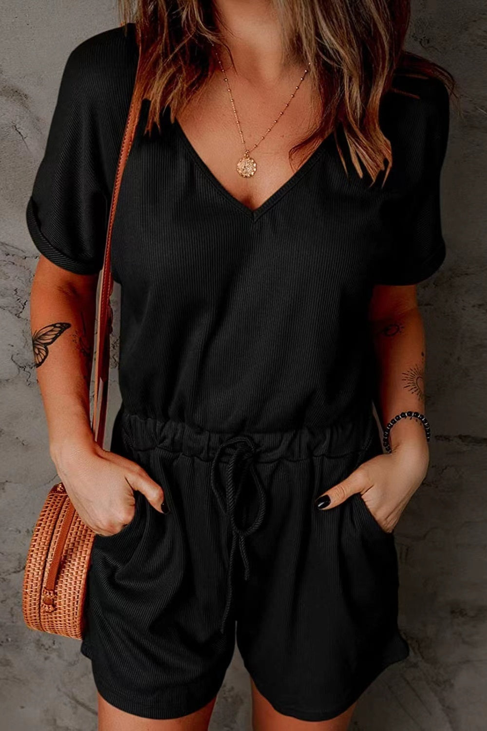 Full Size Drawstring V-Neck Short Sleeve Romper - Charming Charlie
