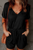 Full Size Drawstring V-Neck Short Sleeve Romper - Charming Charlie