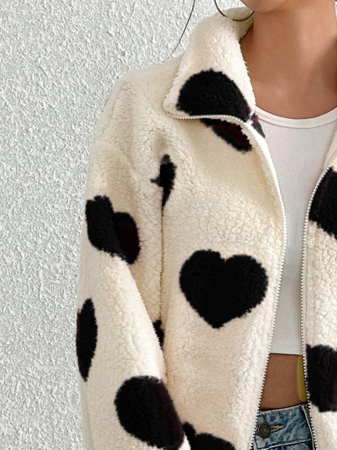 Heart Zip Up Drop Shoulder Furry Jacket – Charming Charlie