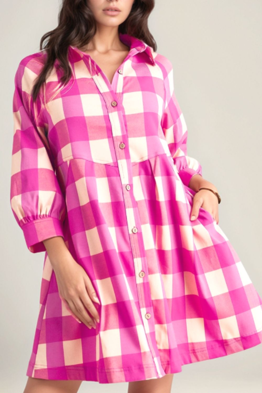 Ruched Plaid Three-Quarter Sleeve Shirt Dress - Charming Charlie