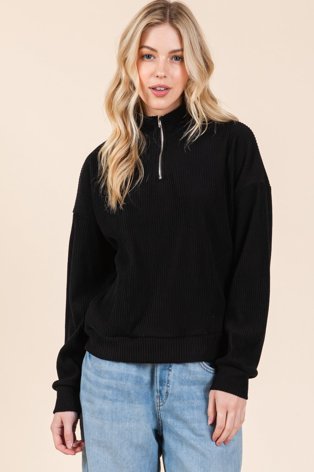 BOMBOM Quarter Zip Long Sleeve Sweatshirt with Pockets - Charming Charlie
