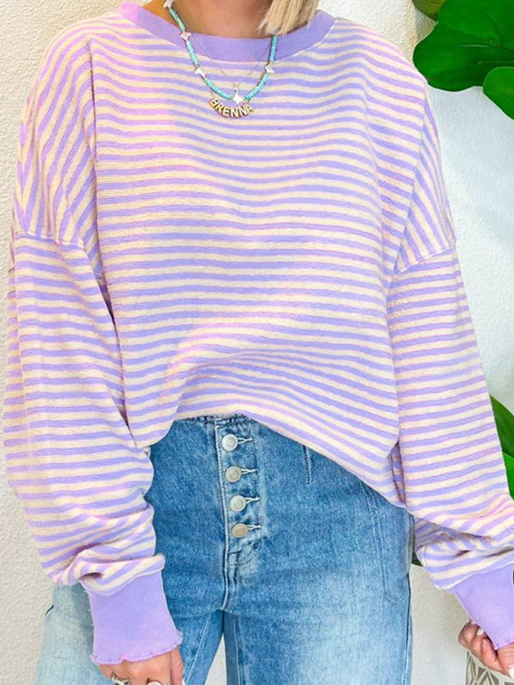 Striped Round Neck Long Sleeve Sweatshirt - Charming Charlie
