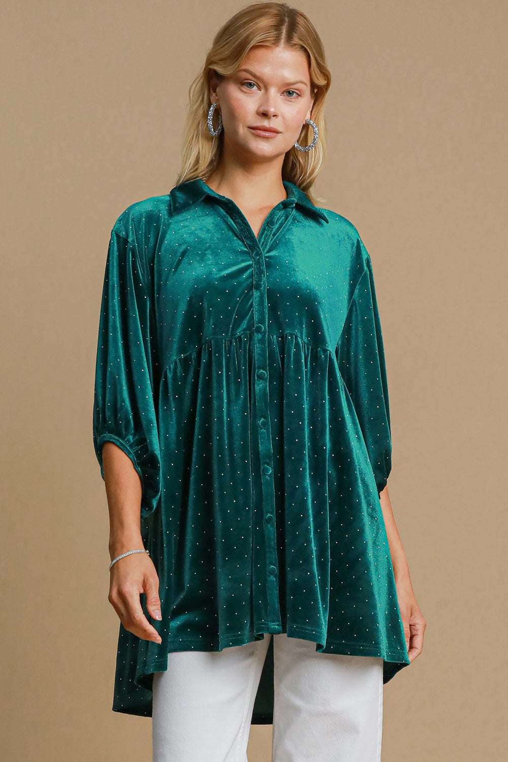 Umgee Full Size Polka Dot Collared Neck Button Up Shirt - Charming Charlie