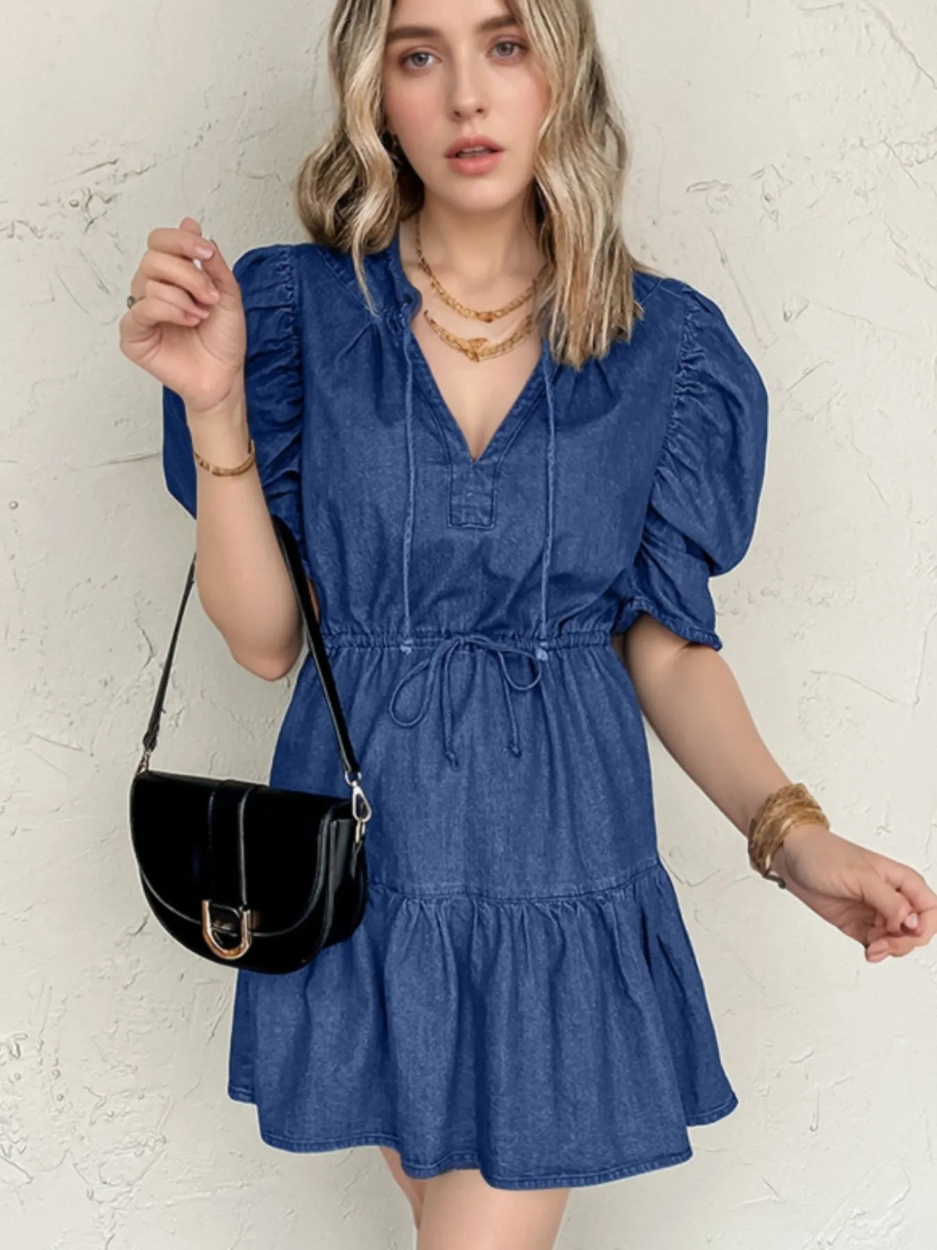Drawstring High Waist Puff Sleeve Denim Mini Dress Navy / M