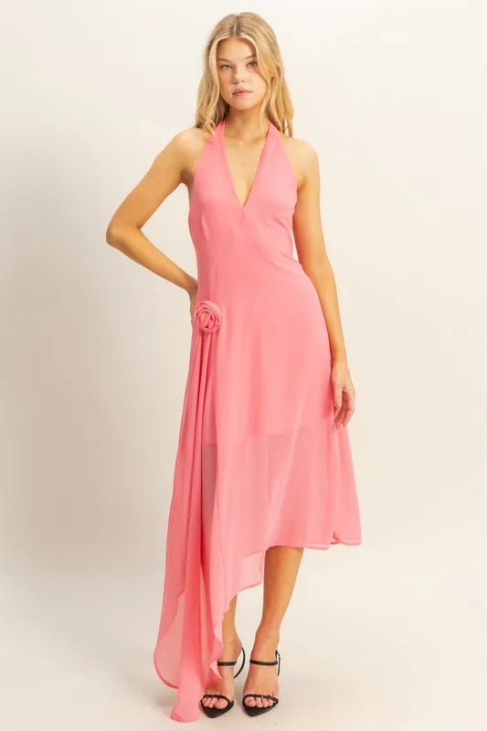 asymmetrical halter dress HYFVE Chiffon Halter Asymmetrical Hem Dress ROSE / L