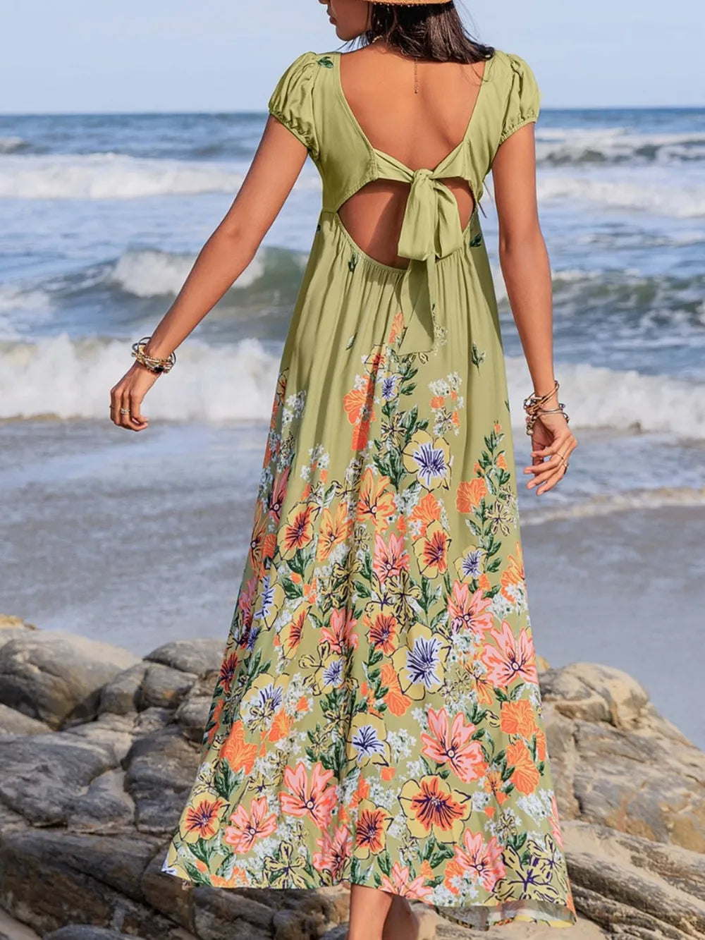 Backless Printed V-Neck Short Sleeve Maxi Dress Sage / M