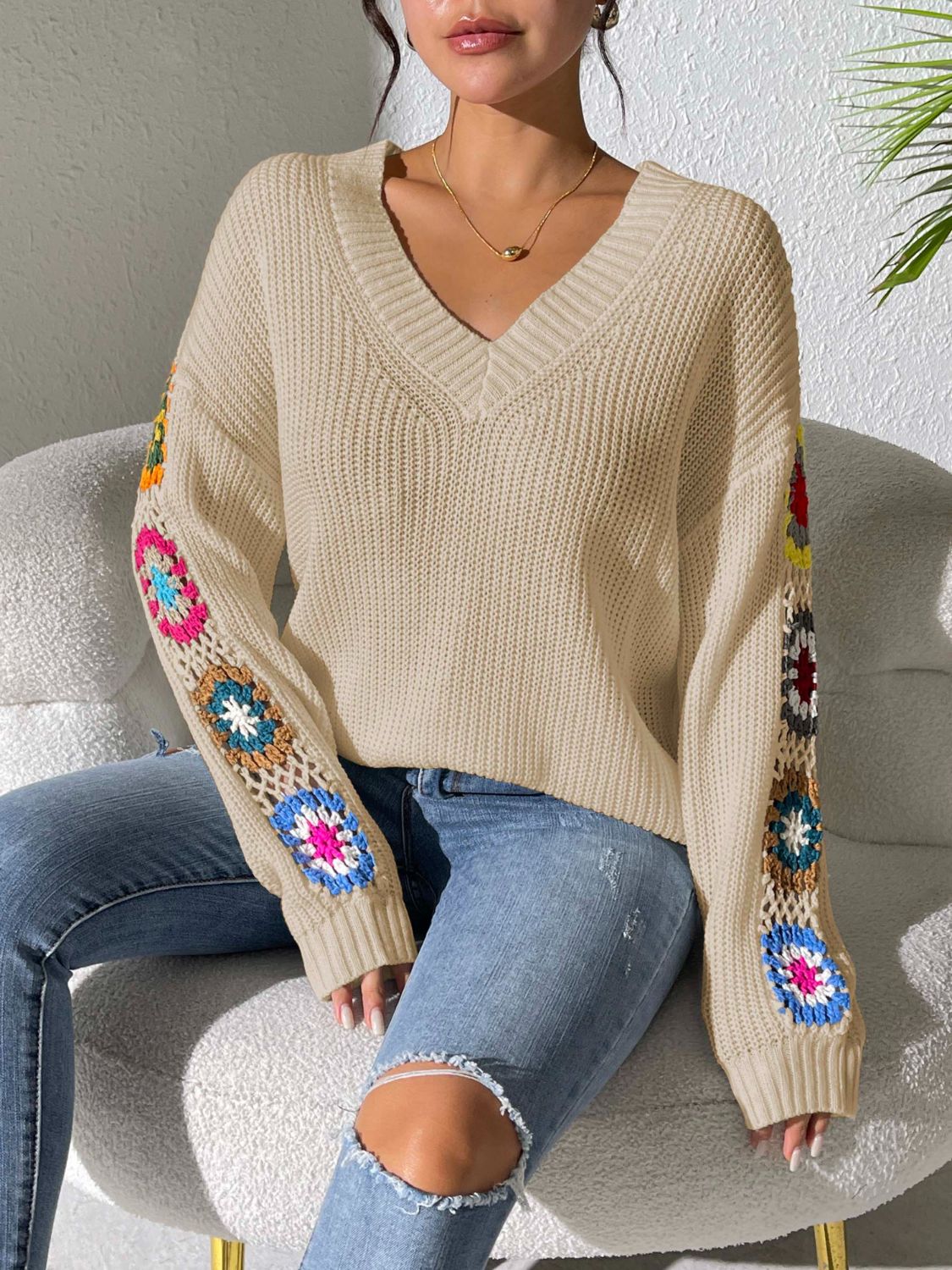 Crochet Flower V-Neck Sweater – Charming Charlie