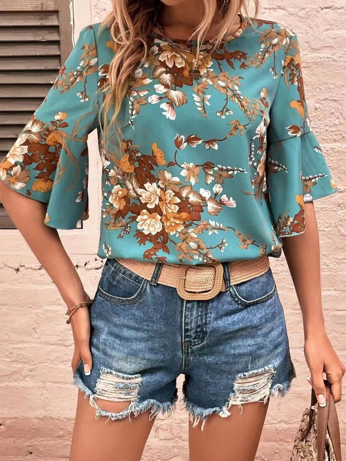 Printed Round Neck Half Sleeve Blouse - Charming Charlie