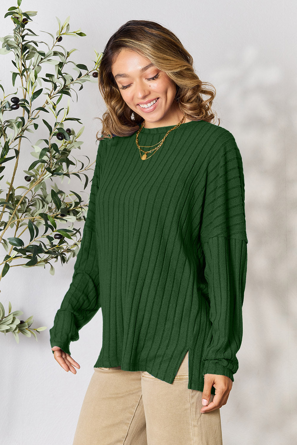 Basic Bae Full Size Ribbed Round Neck Slit Knit Top - Charming Charlie