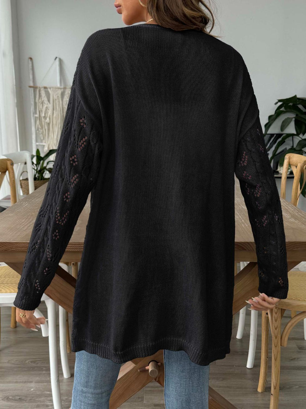 Openwork Button Down Long Sleeve Cardigan