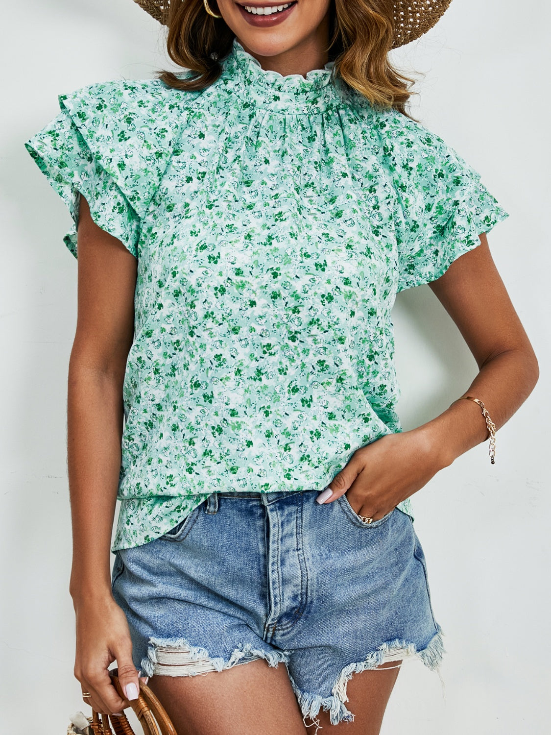 Ditsy Floral Mock Neck Flounce Sleeve Blouse - Charming Charlie