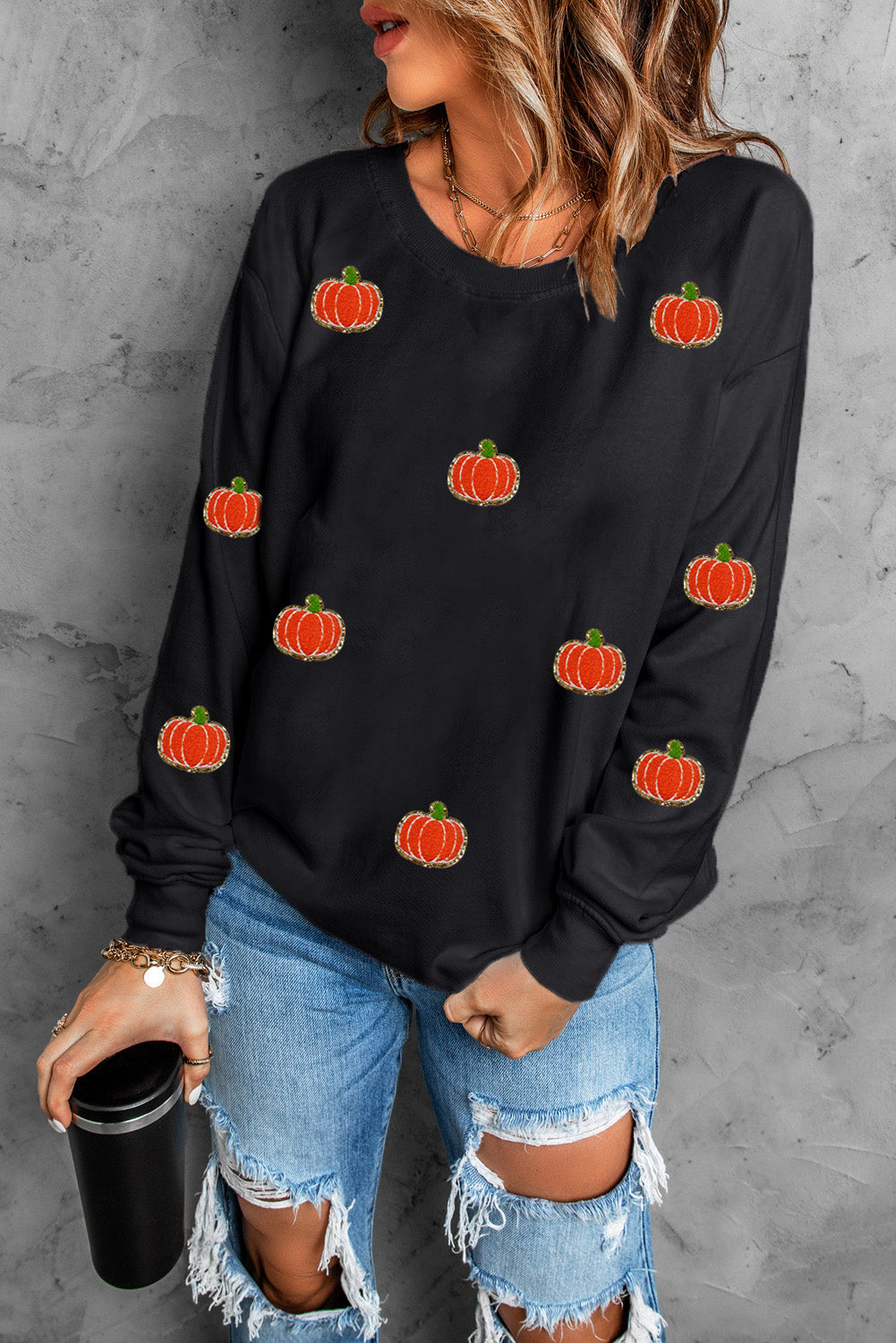 Pumpkin Round Neck Long Sleeve Sweatshirt - Charming Charlie