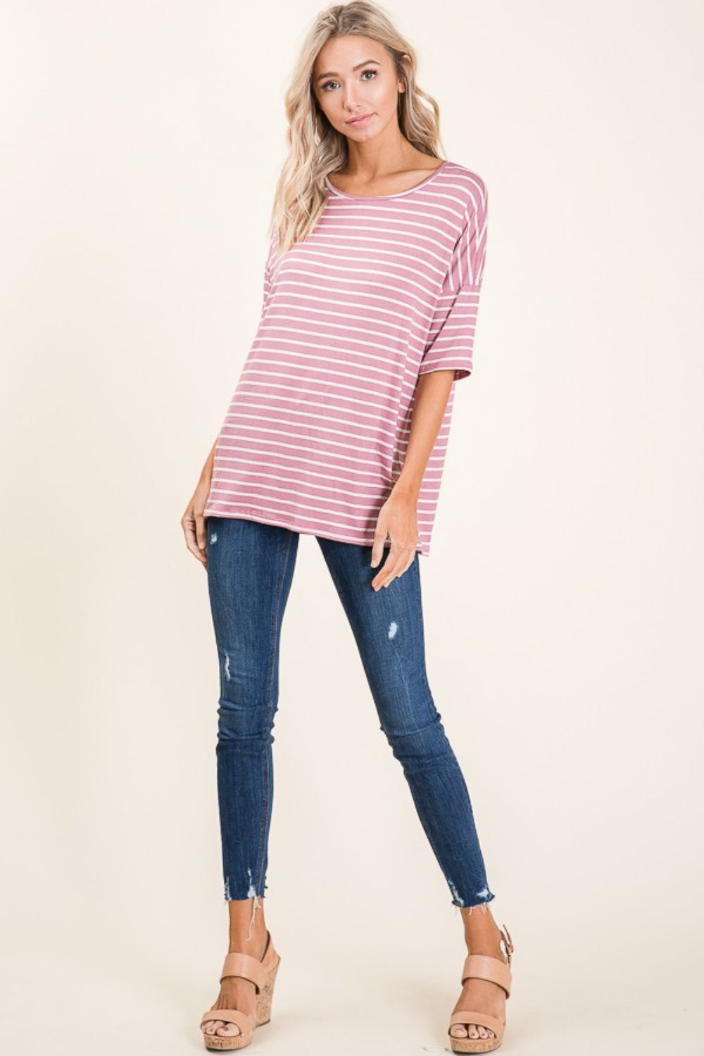 BOMBOM Striped Round Neck Half Sleeve T-Shirt - Charming Charlie